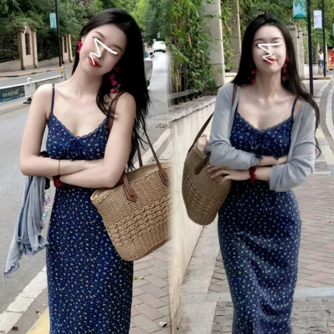 2025夏季新款小个子法式高级碎花吊带连衣裙子女