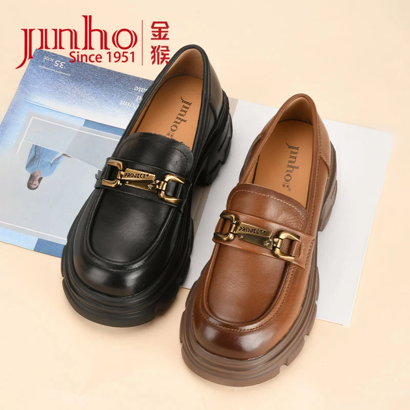 Jinho/金猴新款女鞋女士休闲百搭黑色亮面方根乐福鞋U1824007A/B