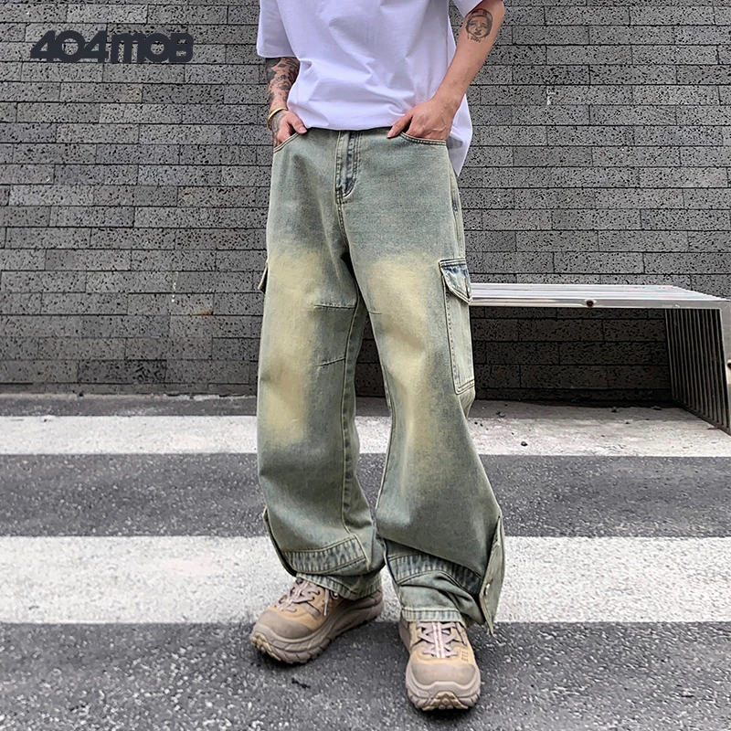 404MOB美式高街复古工装牛仔裤男女潮牌直筒宽松做旧水洗长裤春秋