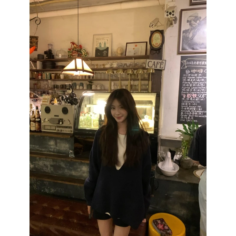 藏青色套装慵懒风复古针织毛衣叠穿气质内搭女秋季休闲直筒短裤