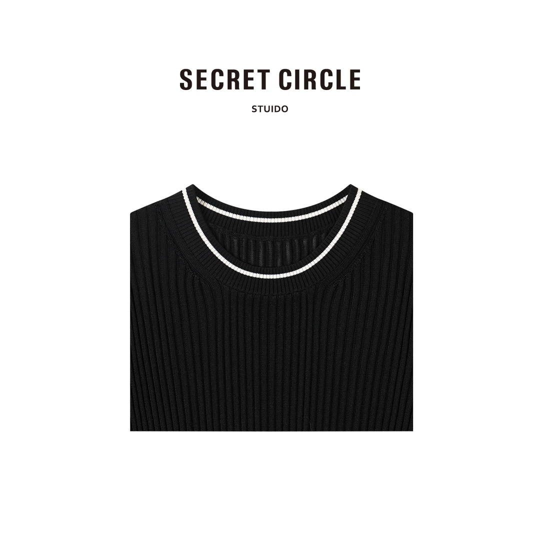 SECRET CIRCLE 通勤风百搭针织上衣撞色边圆领修身款18760
