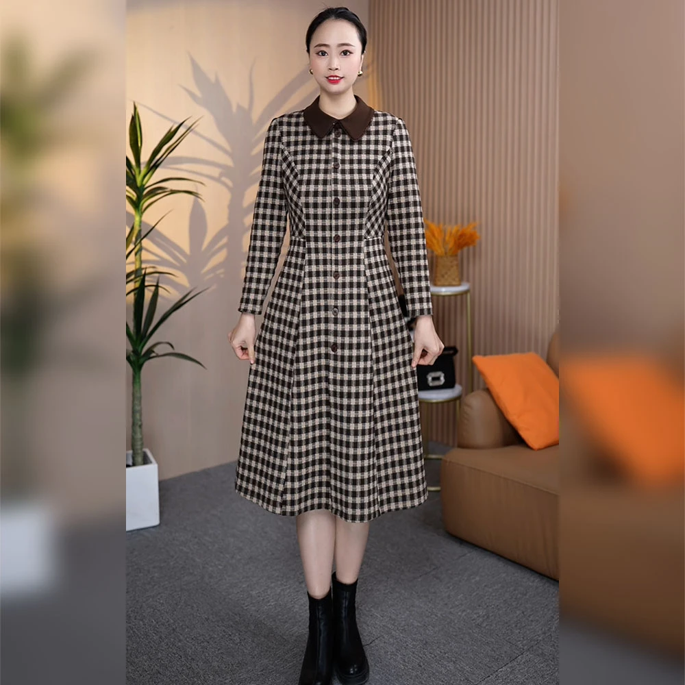 格子长袖连衣裙女2025春季新款端庄大气妈妈遮肚子显瘦减龄打底裙