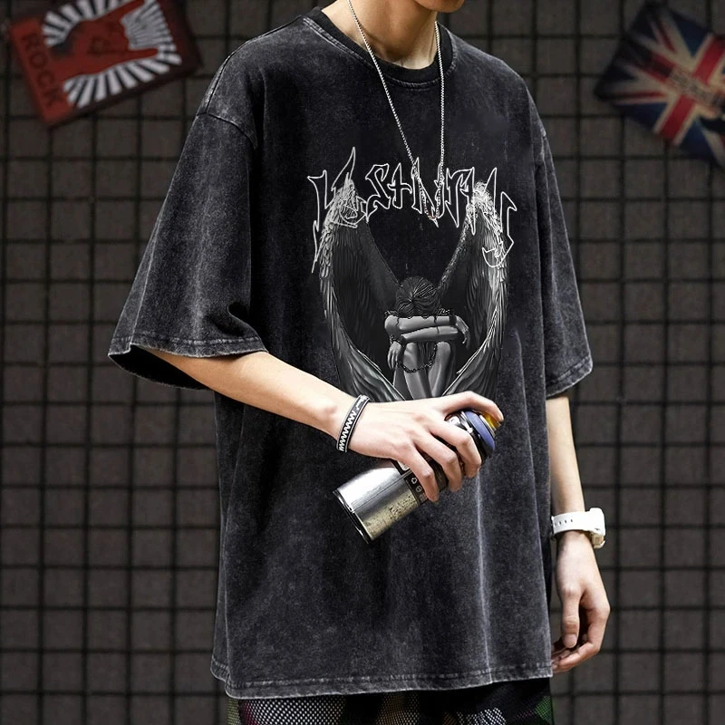 创意男士印花潮牌宽松男装短袖t恤休闲潮牌水洗做旧扎染男生男款