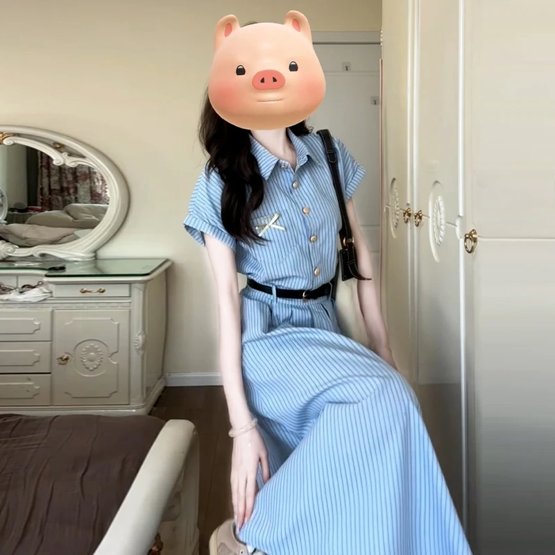 法式学院风穿搭显瘦蓝色短袖连衣裙2025夏季新款超好看裙子