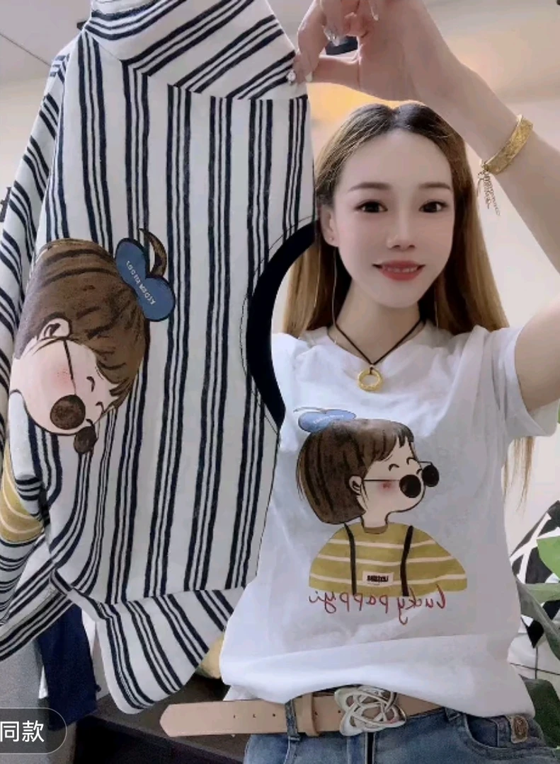 时尚短袖T恤印花吸汗百搭气质宽松减龄夏季少女风雪花棉休闲打底