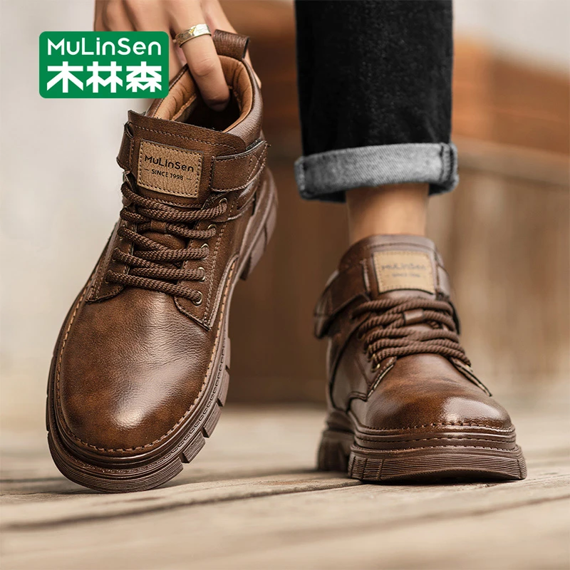 木林森男士工装靴2025新款秋季高帮英伦风厚底增高防滑休闲马丁靴