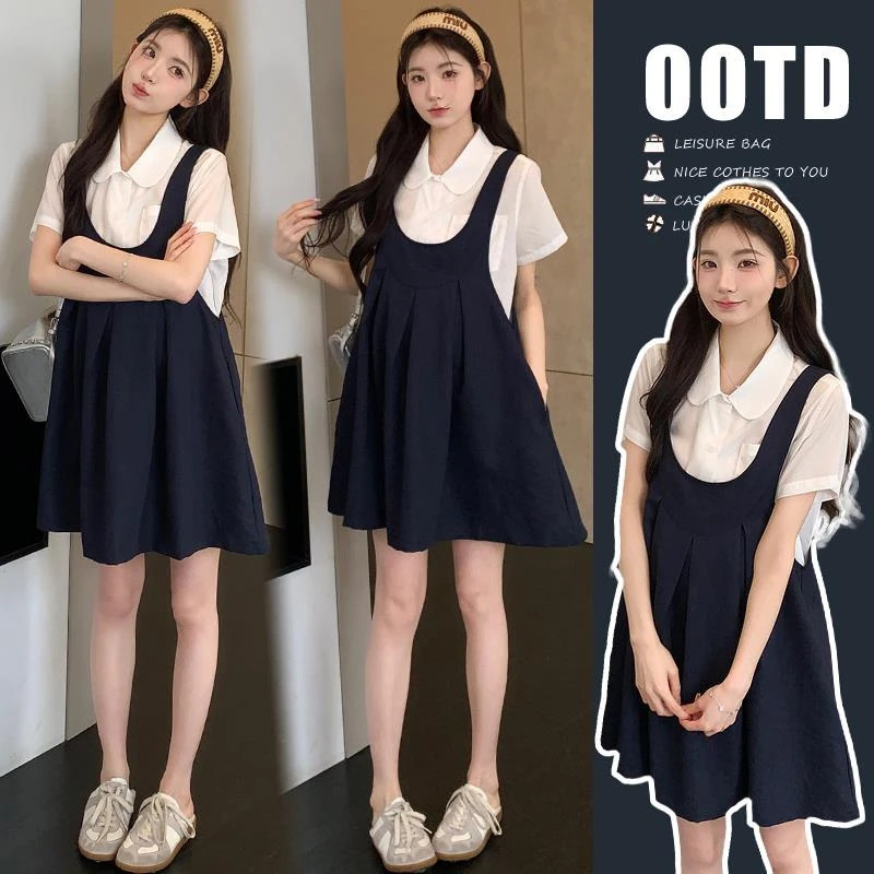 日本孕妇装夏款学院风2025新款套装时尚洋气时髦衬衫背心裙短袖两