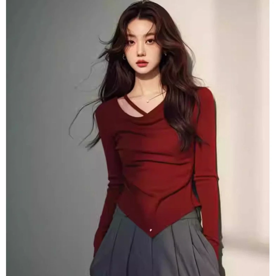 棉大码2025春季新款辣妹正肩不规则显瘦长袖T恤女装镂空打底上衣