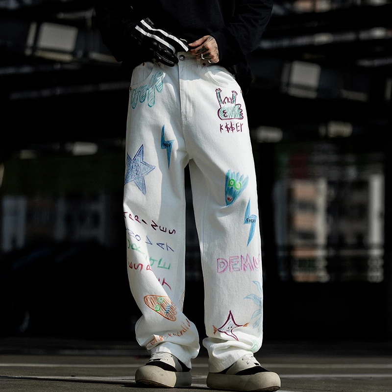 【海蓝之心】闪电牛仔裤男美式高街夏季潮流直筒阔腿裤宽松水洗裤子