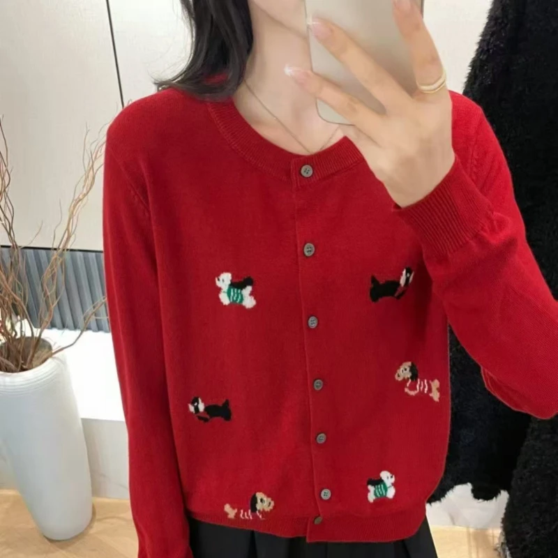 羊范春季薄款精纺羊毛针织开衫女士圆领百搭刺绣外套宽松软糯毛衣