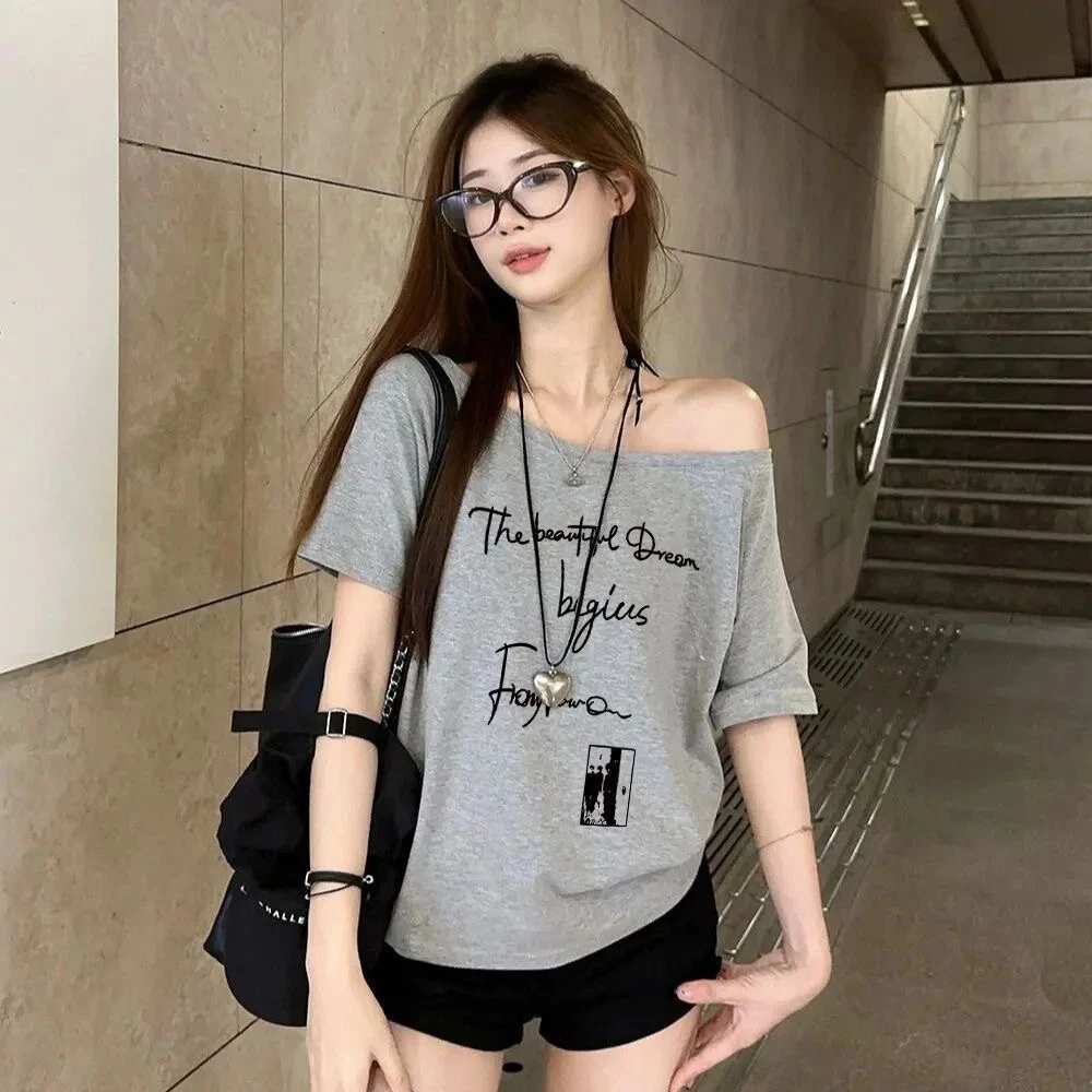 【UBKA】美式复古字母印花斜肩短袖T恤女夏季新款灰色宽松显瘦上衣