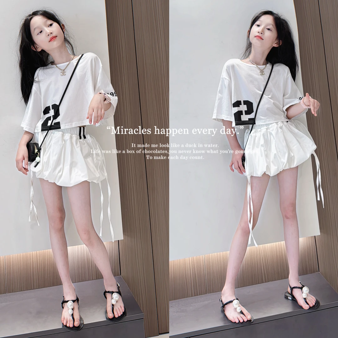 宽松上衣 T恤花苞裙套装女童夏季宽松显瘦A字半身裙两件套