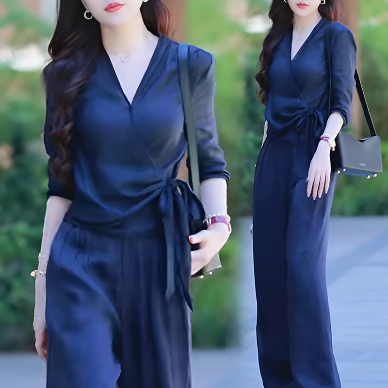 时尚套装女2025夏装新款时尚休闲洋气减龄系带衬衫阔腿裤两件套潮