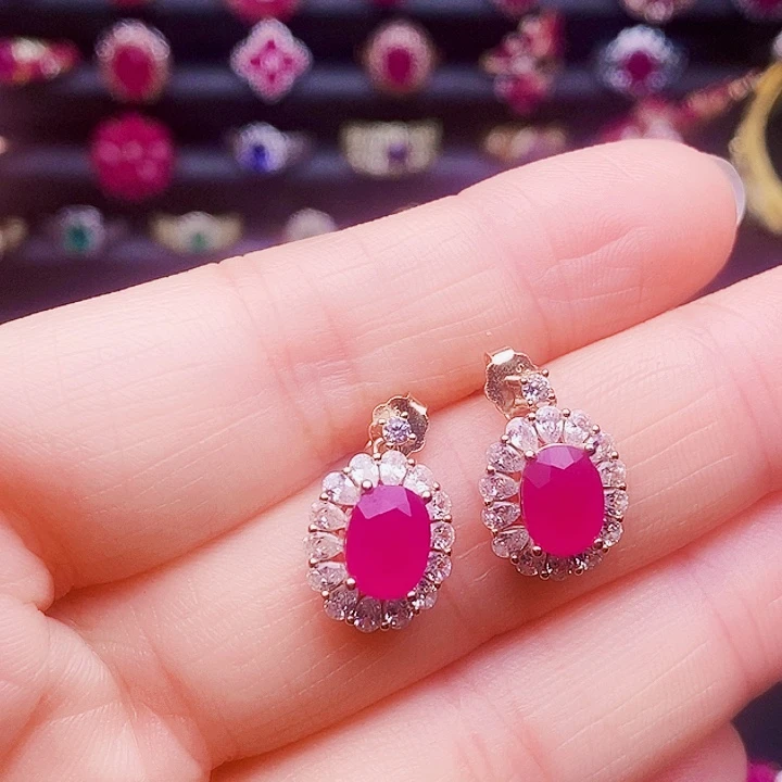 银S925镶嵌耳饰红宝石