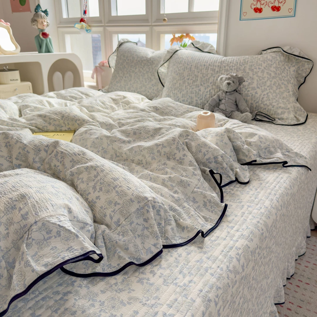 A类法式复古大人四件套黑色花边床盖被套学生宿舍三件套四季通用