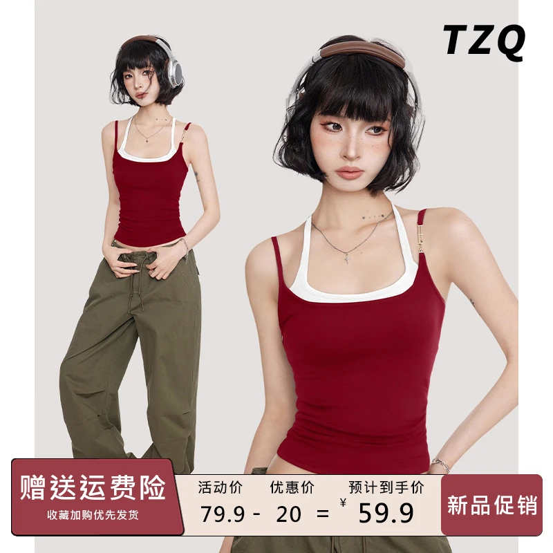 美式红色挂脖假两件吊带背心女夏季遮副乳辣妹无袖上衣TZQ2550807