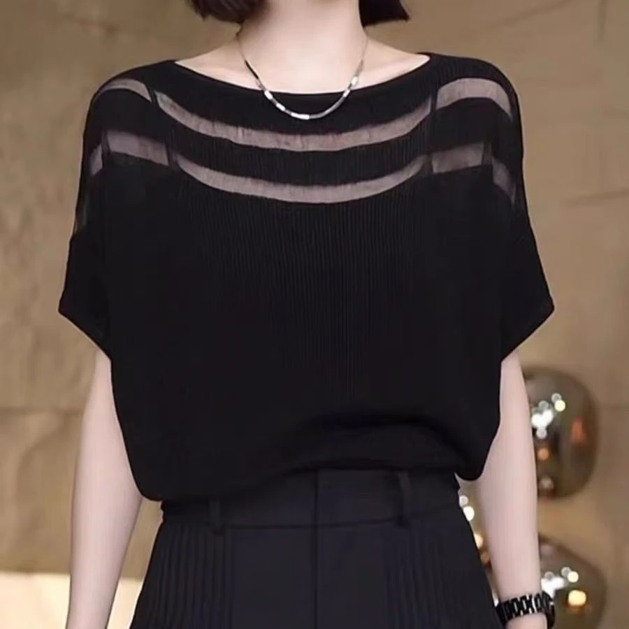 韩系设计感一字领针织t恤夏季显瘦薄款蝙蝠袖上衣