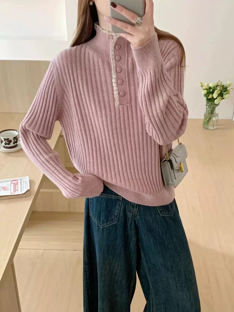 冬季新款竖条蕾丝花边半开领毛衣针织衫百搭时尚长袖