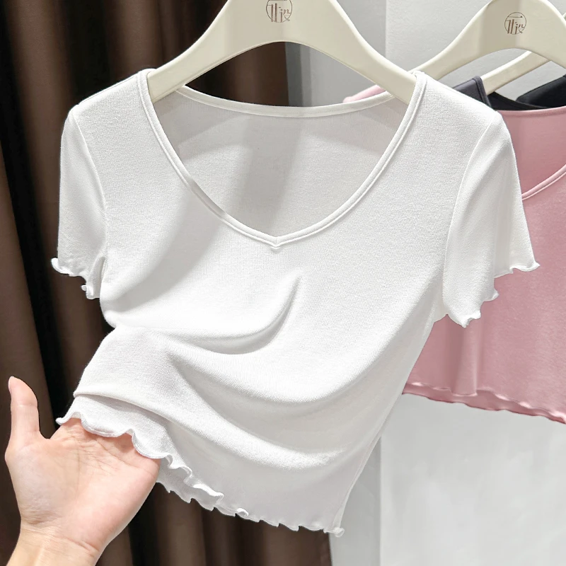 白色极简风大V领短袖上衣女夏季新款木耳边修身T恤衫短款针织内搭
