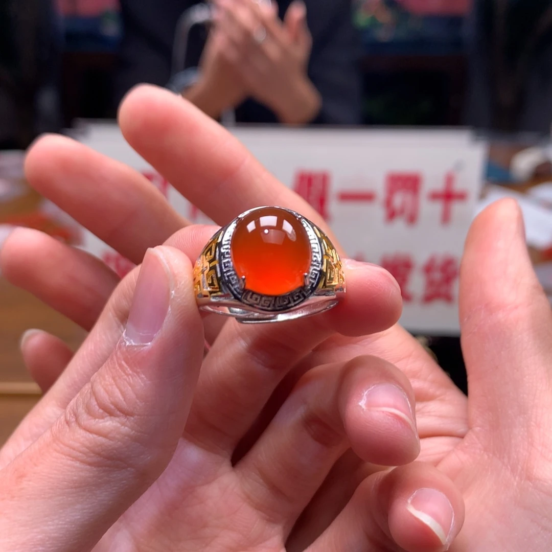 南红玛瑙男戒银S925镶嵌河湾冰红