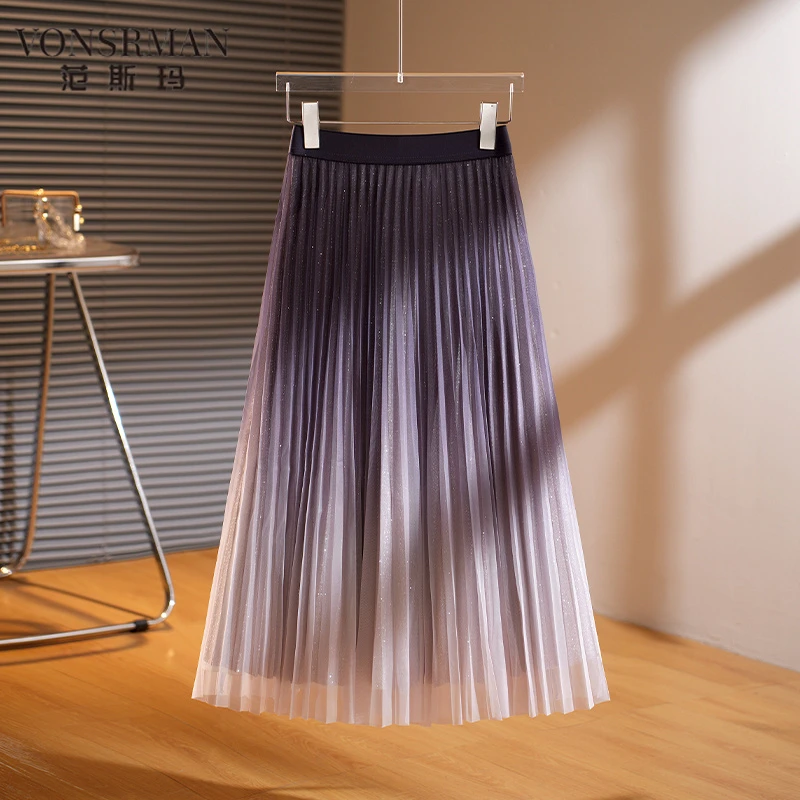 时尚渐变色网纱时尚半身伞裙女设计感2025新款春夏季高 VONSRMAN