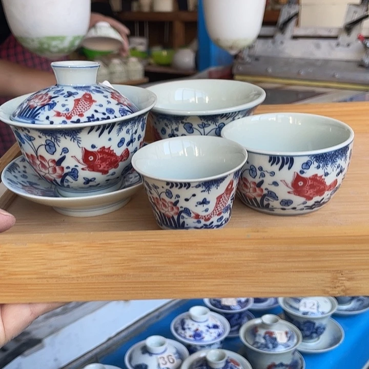 哥***酱青花釉下彩盖碗杯子大2个小杯子2个