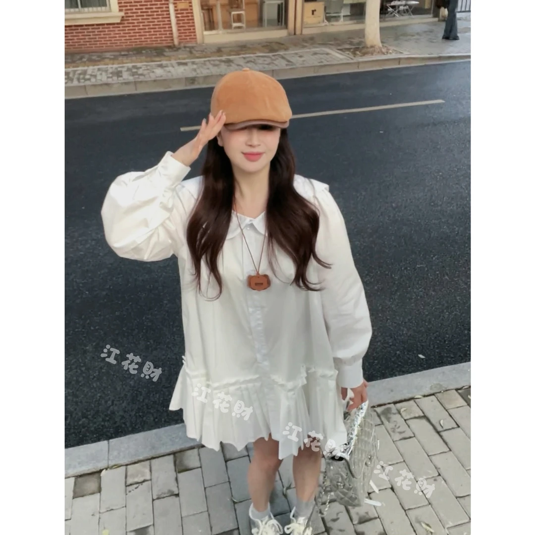 初恋穿搭韩版花瓣娃娃领风琴压褶宽松减龄长袖衬衫连衣裙