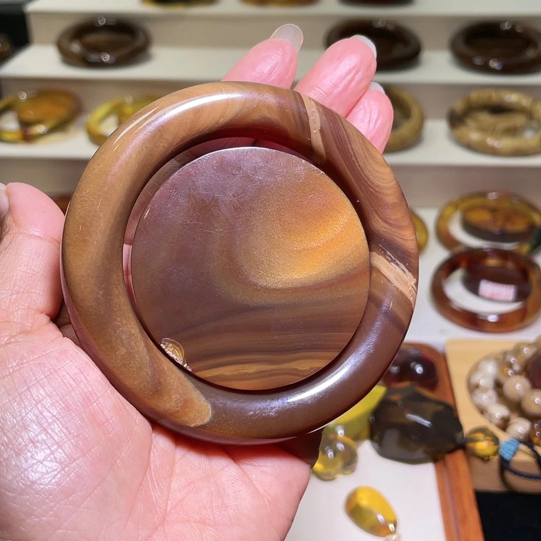 未镶嵌琥珀手镯天然缅甸琥珀59圈口咖啡蜜圆条手镯