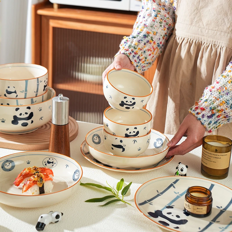 舍里熊猫碗家用2026新款高颜值碗盘可爱餐具儿童米饭碗面碗盘子
