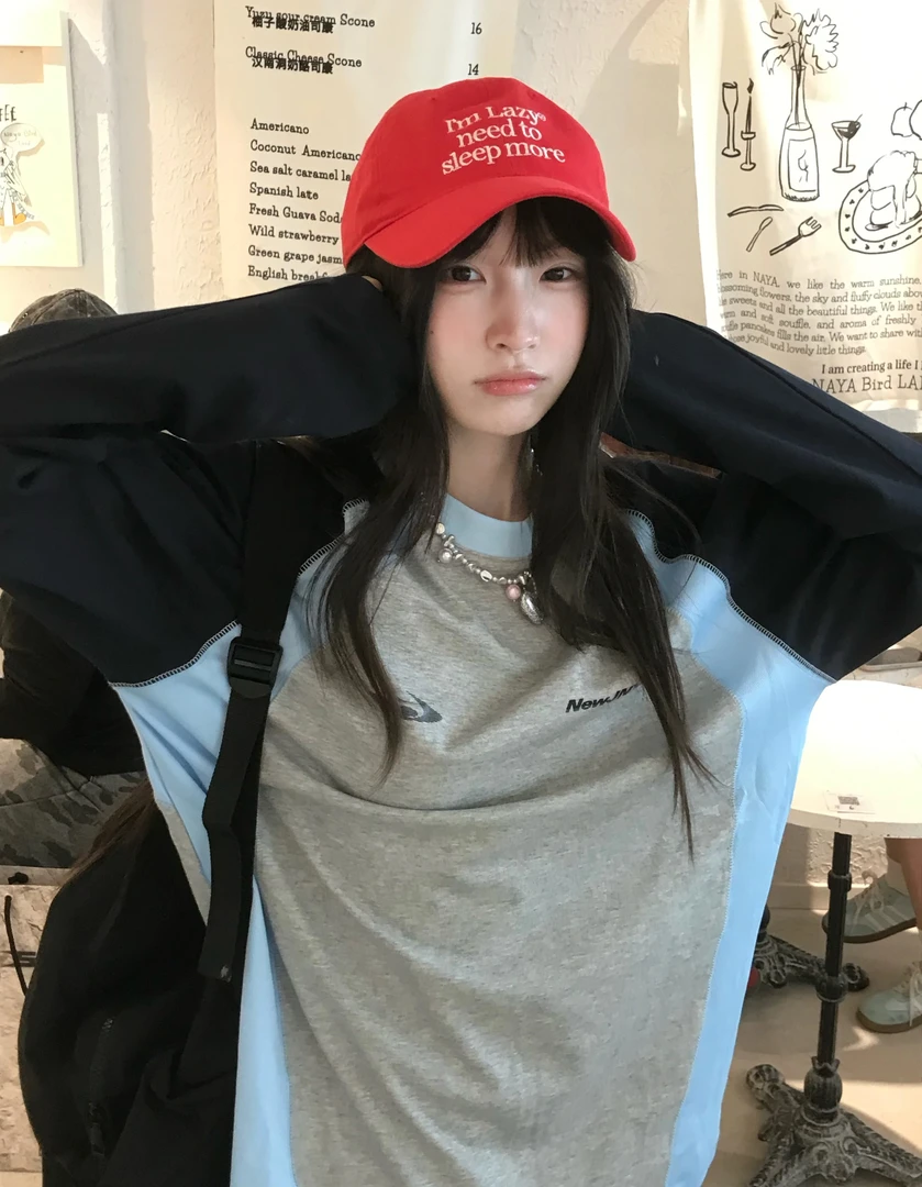 【灰拼蓝】撞色超显瘦！！！！美式高街风撞色宽松上衣百搭休闲