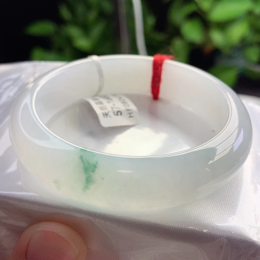 未镶嵌手镯翡翠57圈口白冰飘绿花清新淡雅落落大方6号