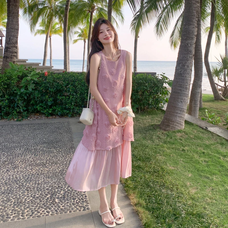 立体花朵连衣裙女2025夏季新款海边度假风氛围感浪漫风无袖初恋裙