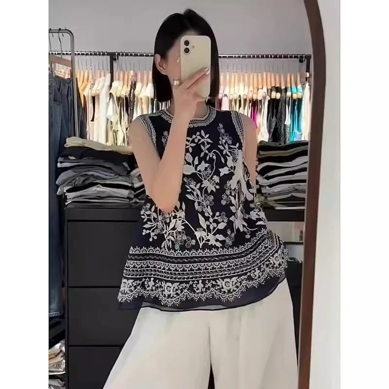 2025超火国风女装洋气衣服新中式藏蓝色民族风印花无袖背心上衣夏