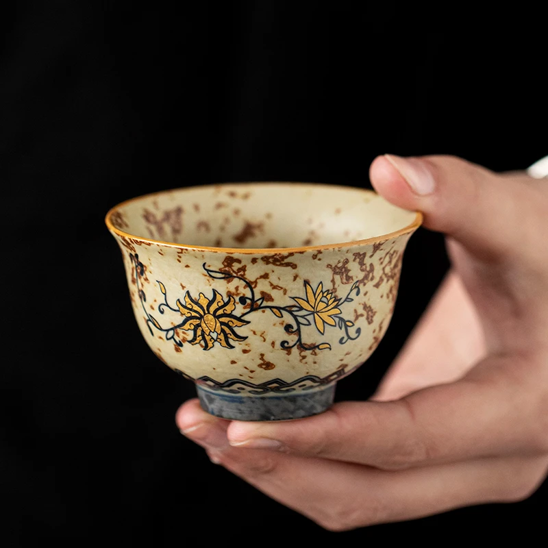 家用主人杯青花火石红茶杯个人杯单杯泡茶杯手绘缠枝莲复古