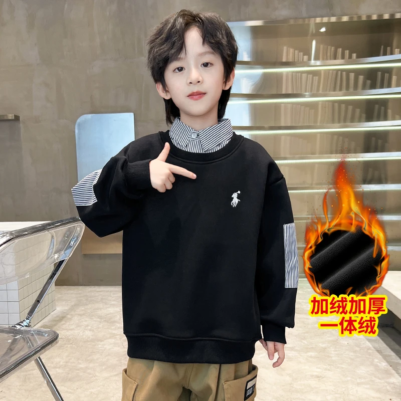 中班仔男童加绒加厚假两件卫衣冬装新款儿童拼接翻领上衣潮*38375