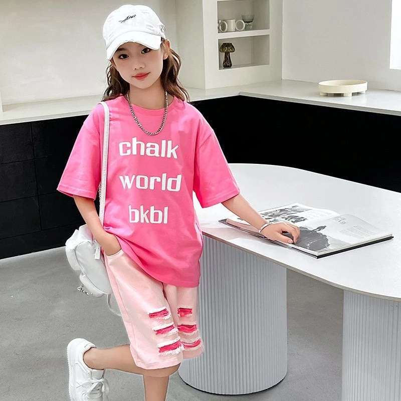 多巴胺潮破洞韩系新款2025短裤女孩短袖两件套中大童夏季套装女