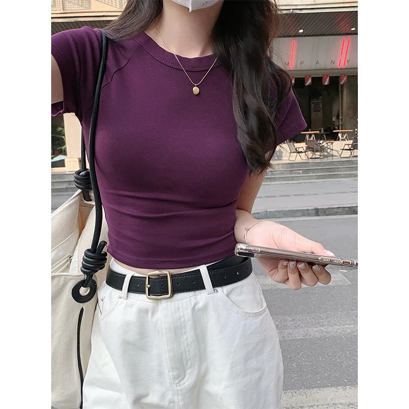 美式正肩短袖t恤女夏季2025新款欧货洋气高腰显瘦上衣女短款露脐