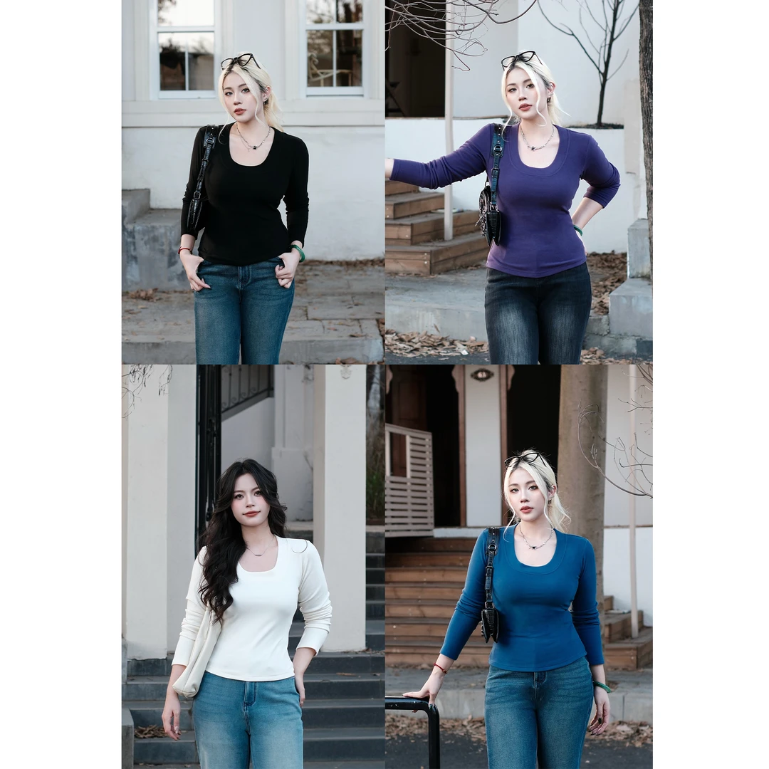 ZOZ糯米子[U领衣]秋冬款多色显瘦磨毛绒感u领打底衫正肩T恤上衣