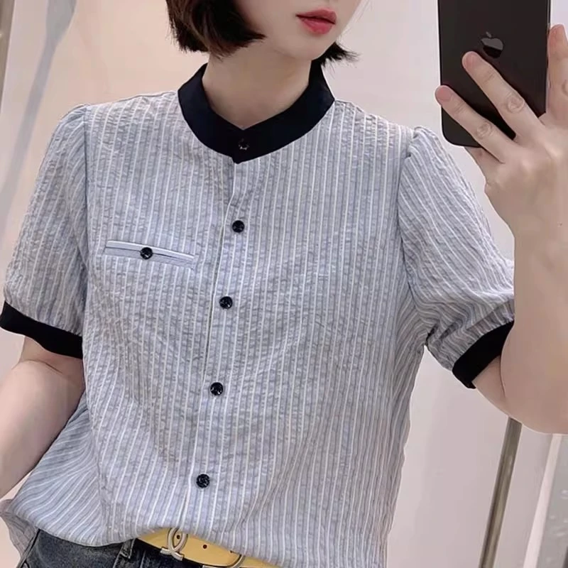 韩系撞色竖条纹短袖衬衫女2025夏季款韩版时尚设计感洋气百搭上衣
