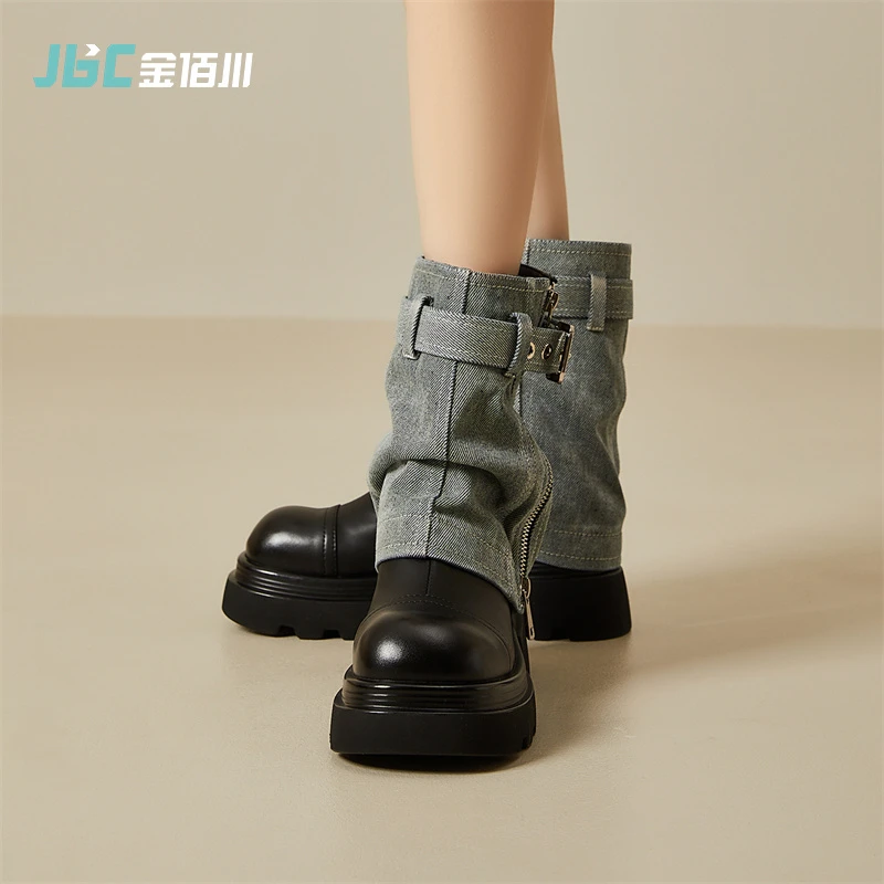 【酒窝专属】金佰川中筒牛仔筒马丁靴单靴厚底增高W24747087