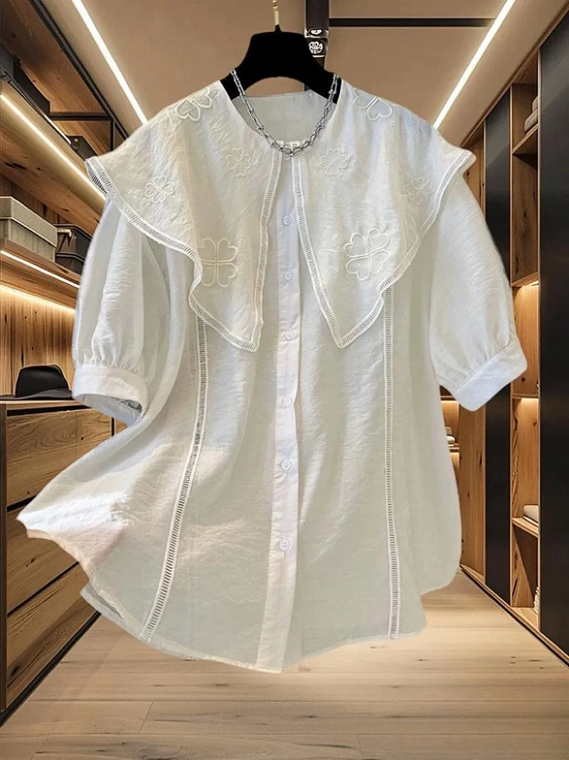 设计感刺绣法式法式钩花减龄衬衫1g夏季显瘦衬衫短袖