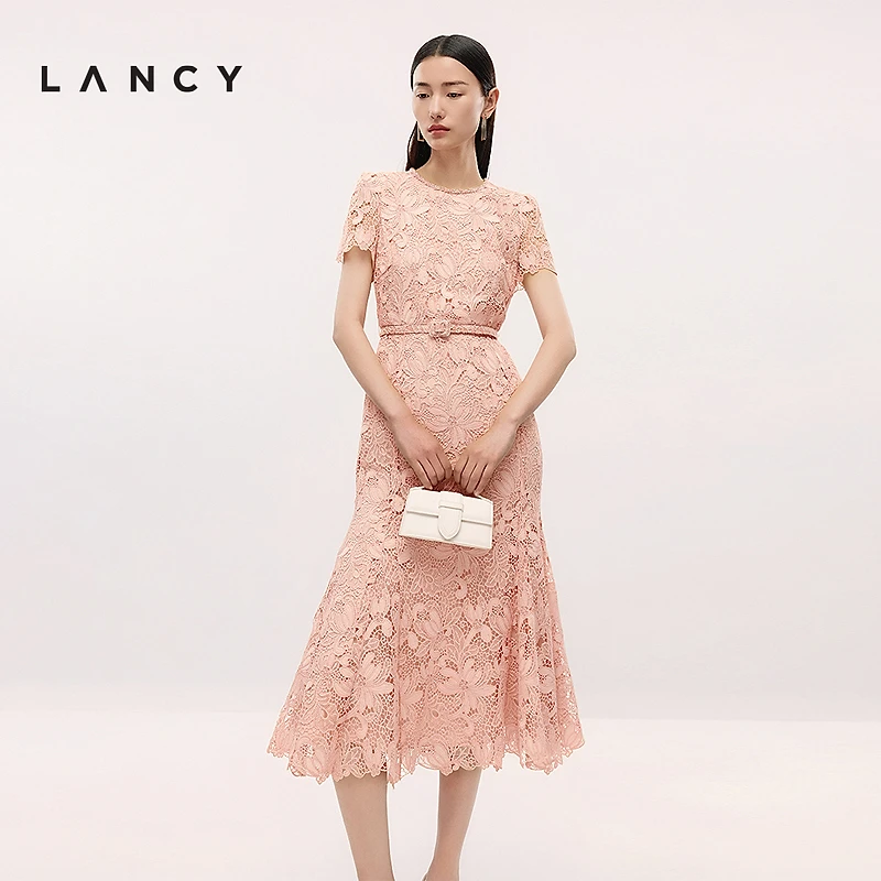LANCY/朗姿2025夏季新款优雅蕾丝鱼尾收腰长款气质高端礼服连衣裙