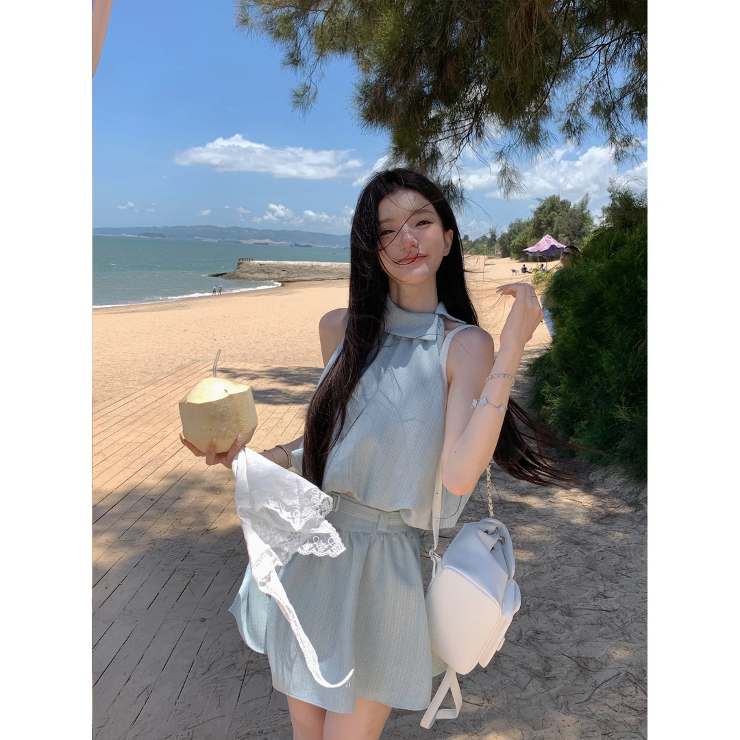 YIYIWANG 夏加尔蓝 蓝色条纹无袖上衣百搭短裙宽松慵懒半身裙套装