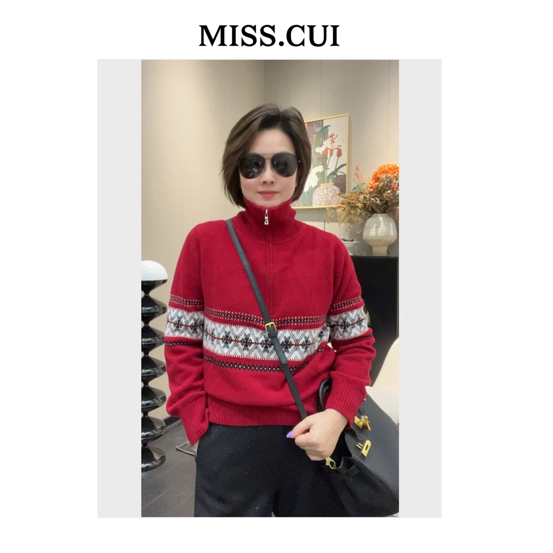 MISS.CUI 极简风穿搭 时尚提花高领拉链休闲套头长袖羊毛衫8553