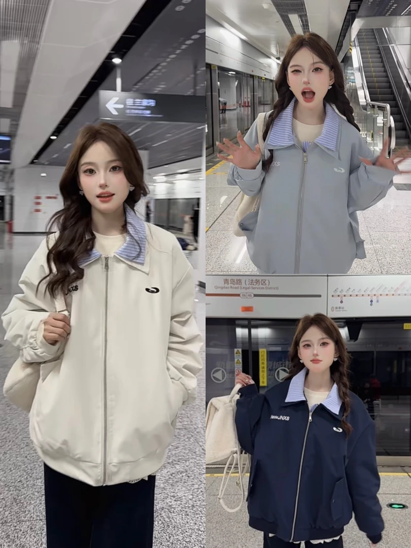 加棉保暖美式复古拼接格纹假两件飞行夹克秋冬新款宽松休闲外套潮