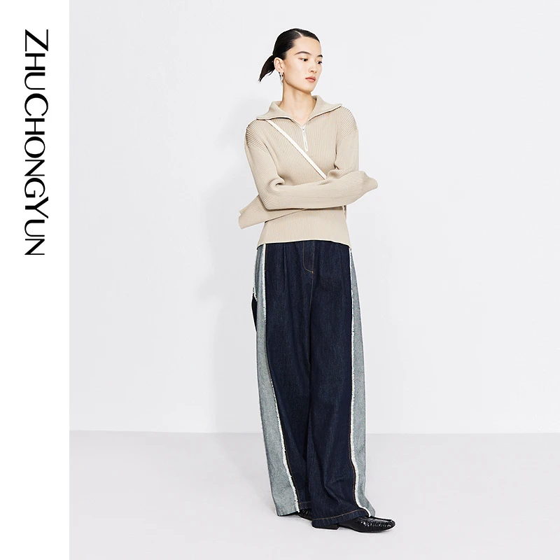 【环保纤维】ZHUCHONGYUN金属拉链气质翻领竖条纹显瘦长袖针织衫
