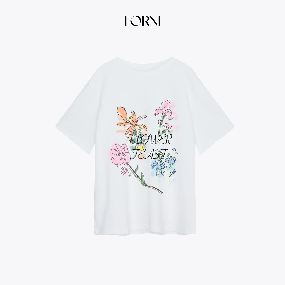 FORNI 古堡花园 重磅精梳海岛棉植物花卉印花宽松落肩短袖T恤