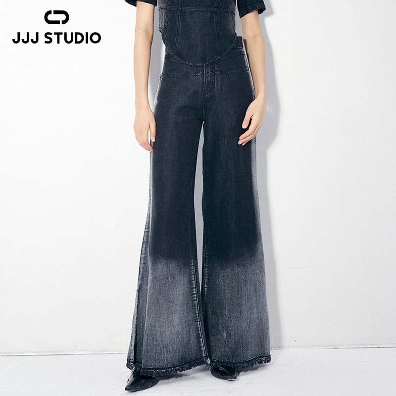JJJ STUDIO 黑灰色水洗工艺高腰复古撞色微喇牛仔长裤 JUWFS1Q069