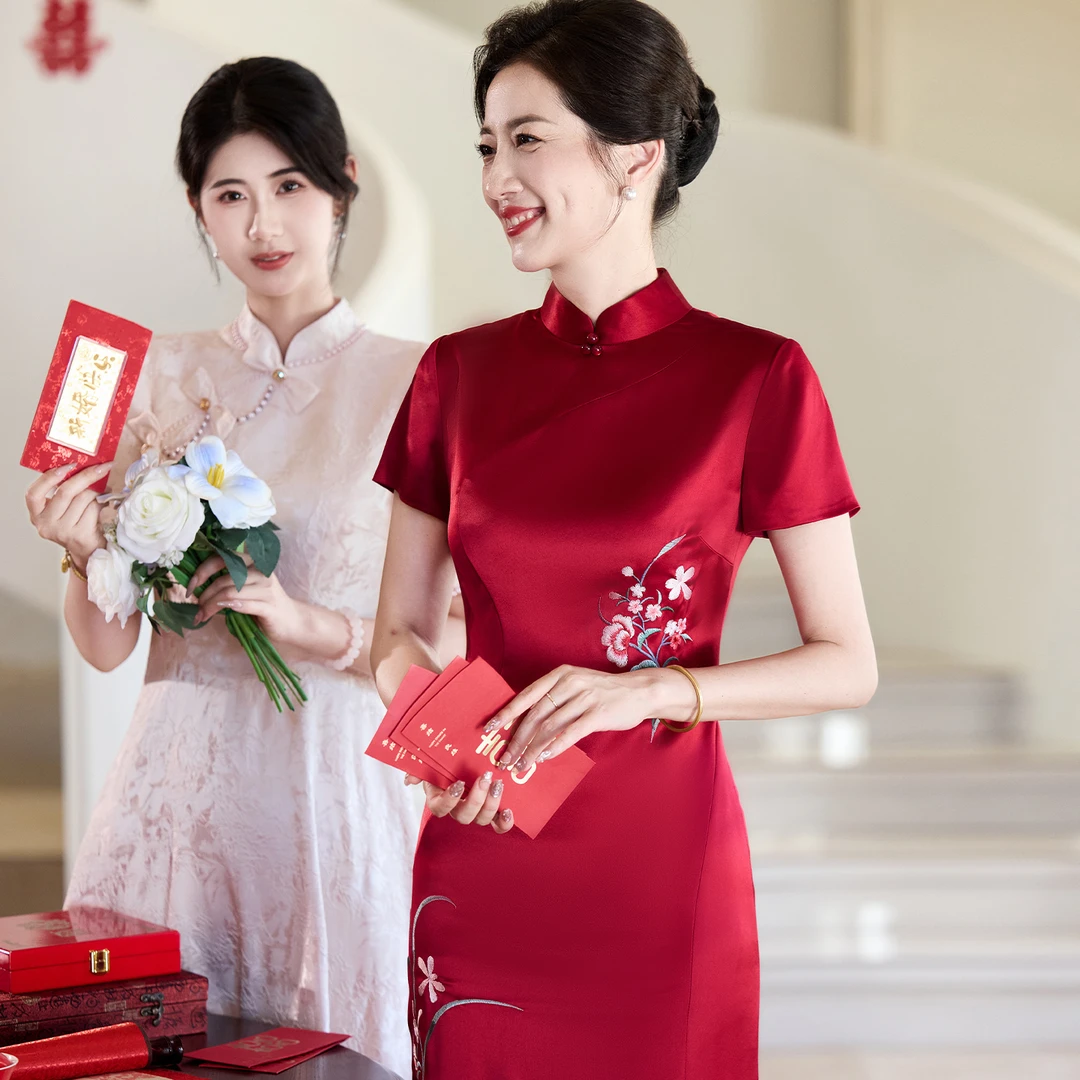 妈妈结婚裙子醋酸婚宴礼服高端结婚喜婆婆装2025新款改良旗袍气质