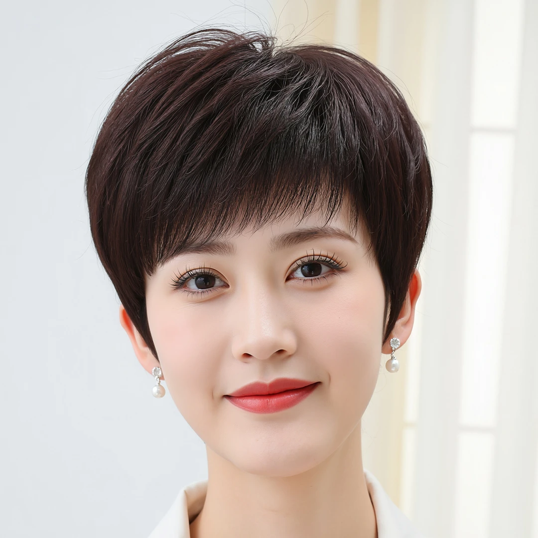 假发女全头套真人发丝妈妈薄款短发自然减龄中老年女士遮白发直发